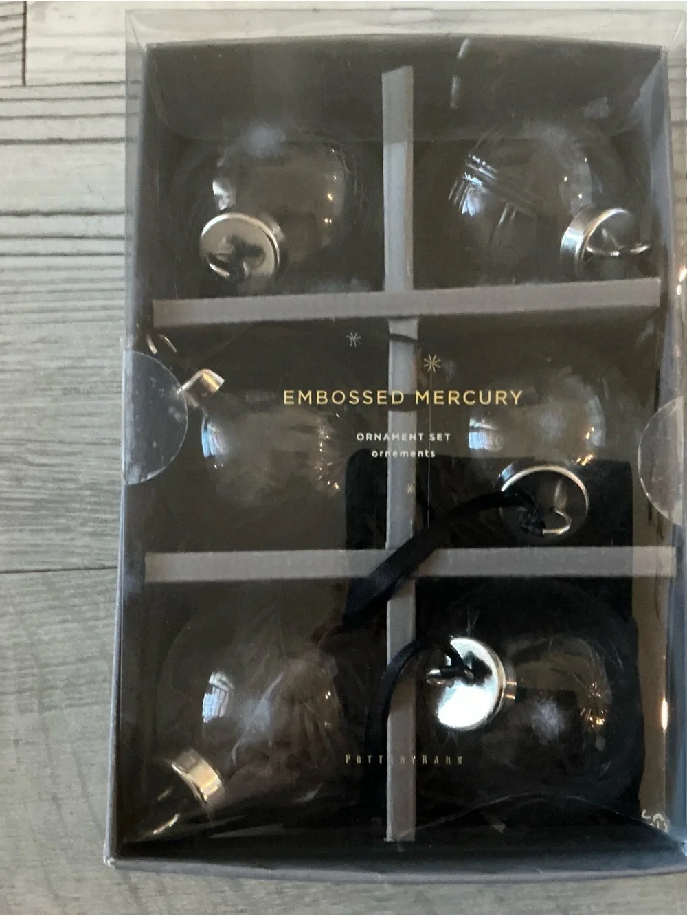Pottery barn embossed mercury glass ornaments 6-piece set